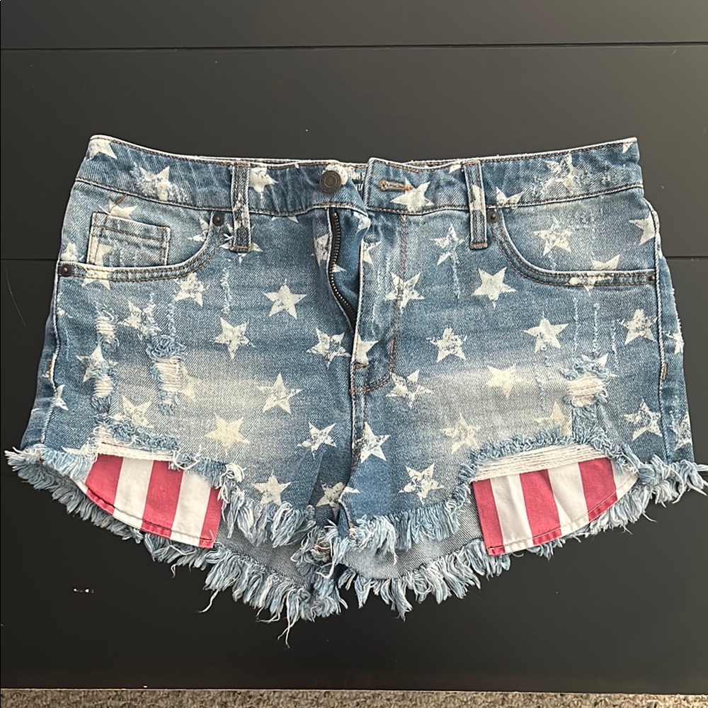 Mossimo Supply Co. Blue and Red Jean Shorts Distressed Design